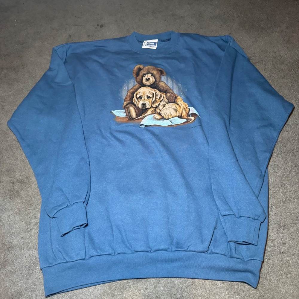 Vintage Endless Designs 1998 Dog and Bear Sweatshirt Blue USA Made 3XL